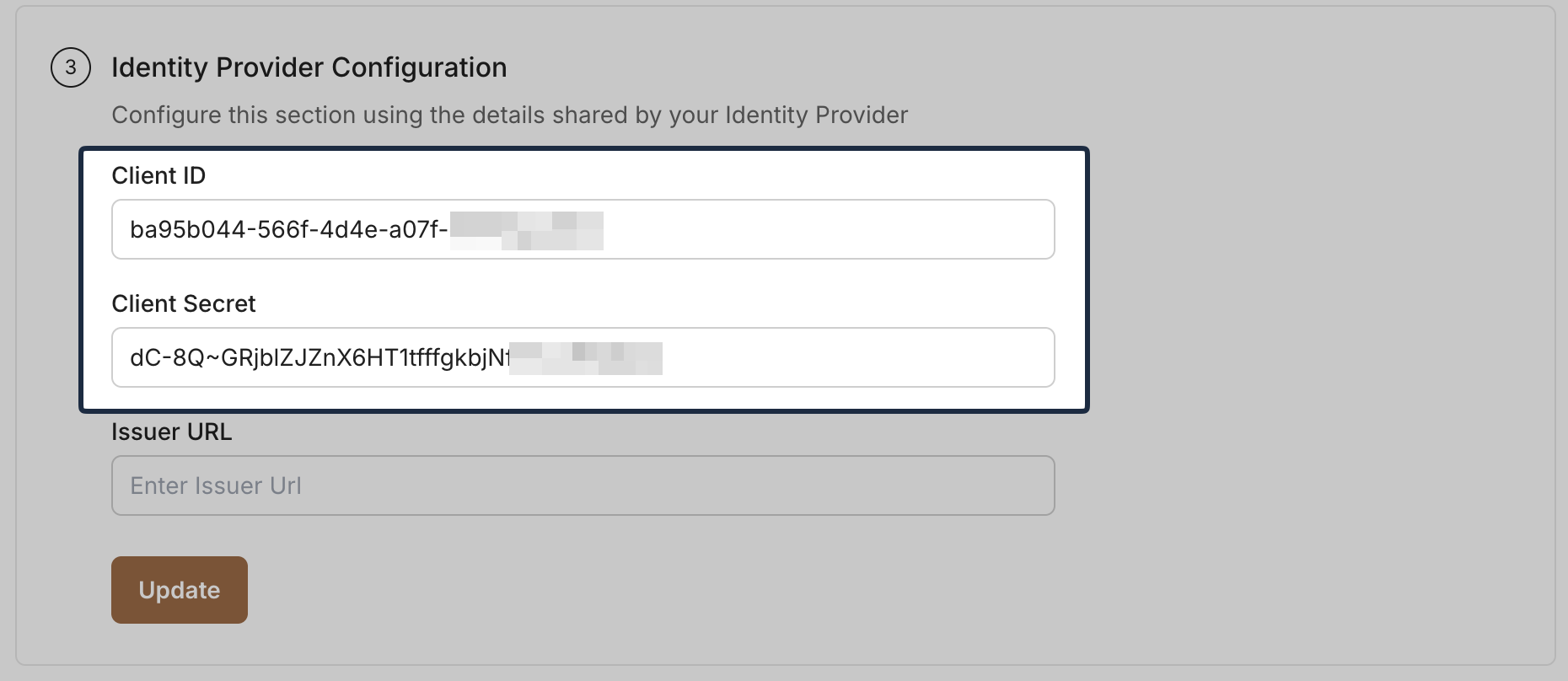 SSO Configuration Portal fields for Client ID and Client Secret