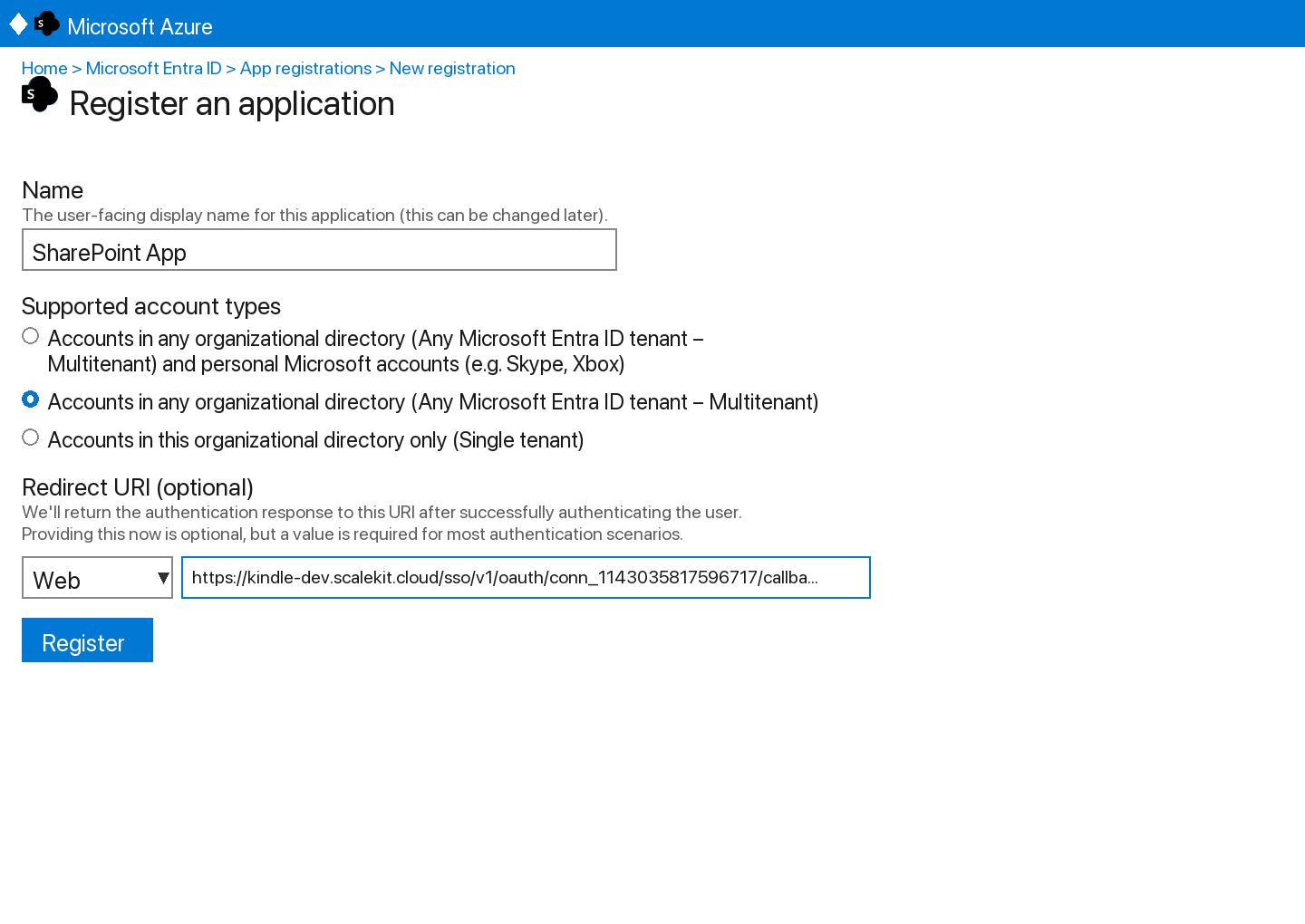 Register an application in Azure portal