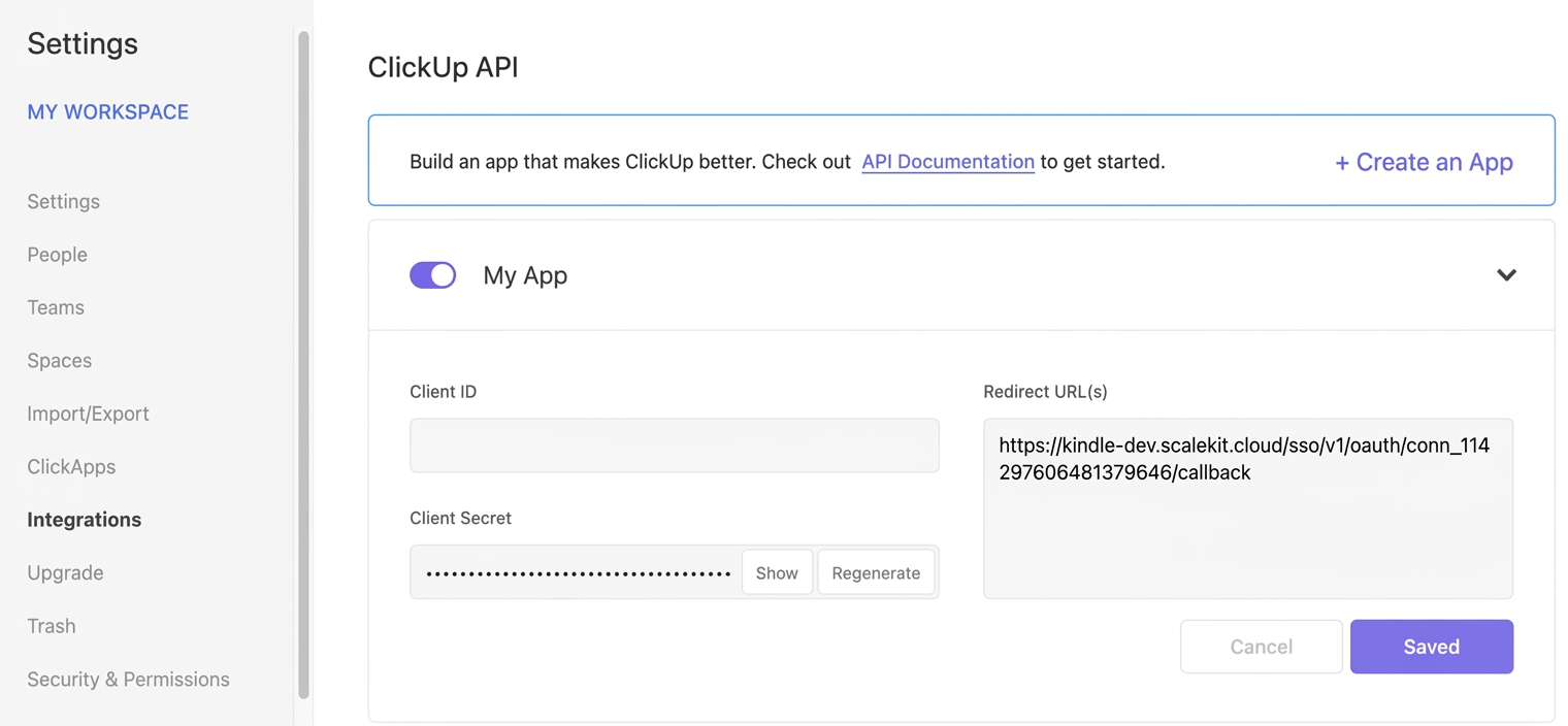 Add redirect URI in ClickUp API settings