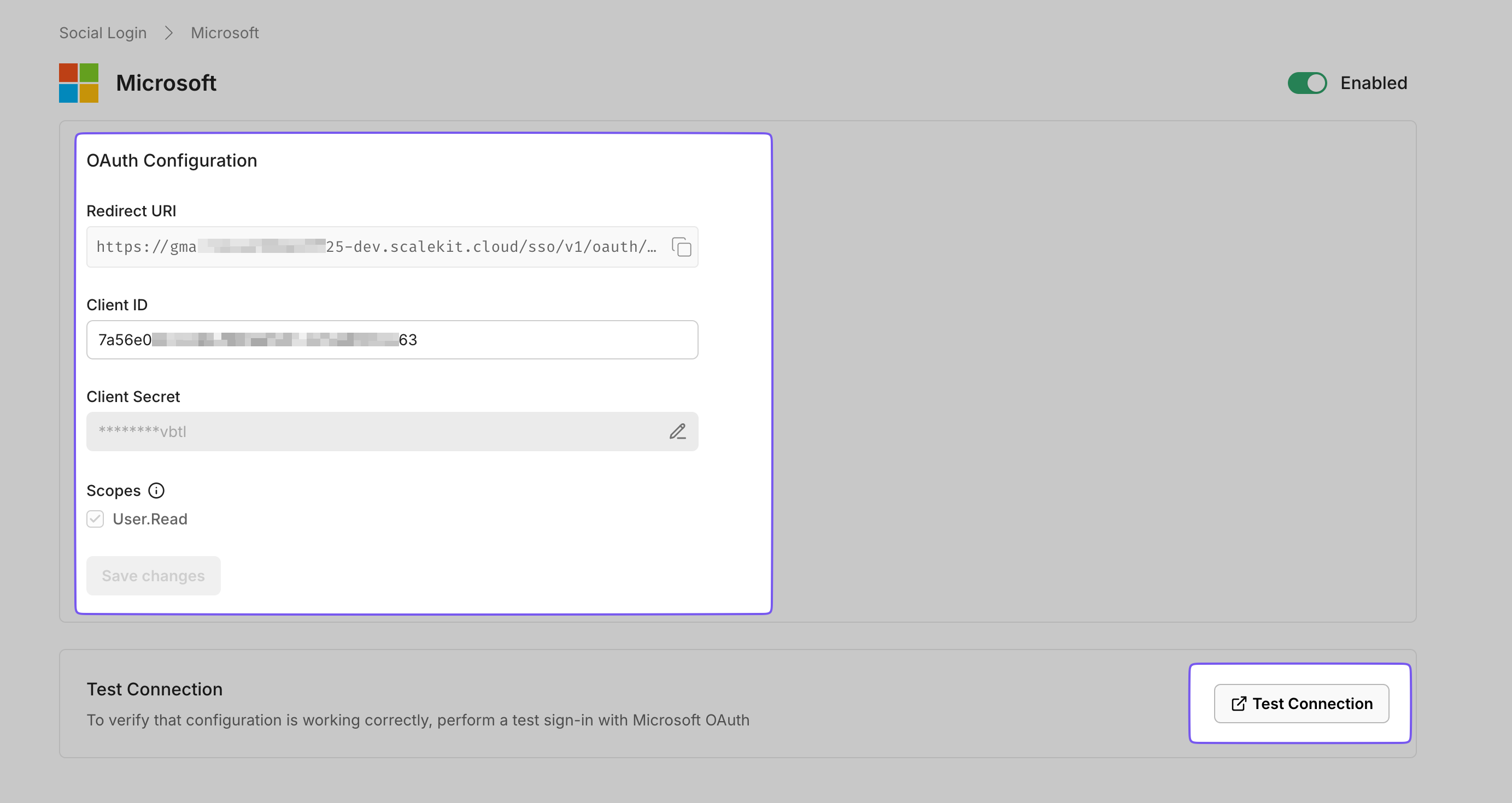 Microsoft OAuth configuration in Scalekit, showing redirect URI, client credentials, and scopes for social login setup.