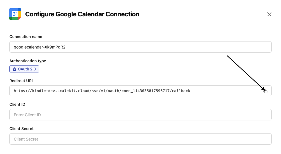 Copy redirect URI from Scalekit dashboard